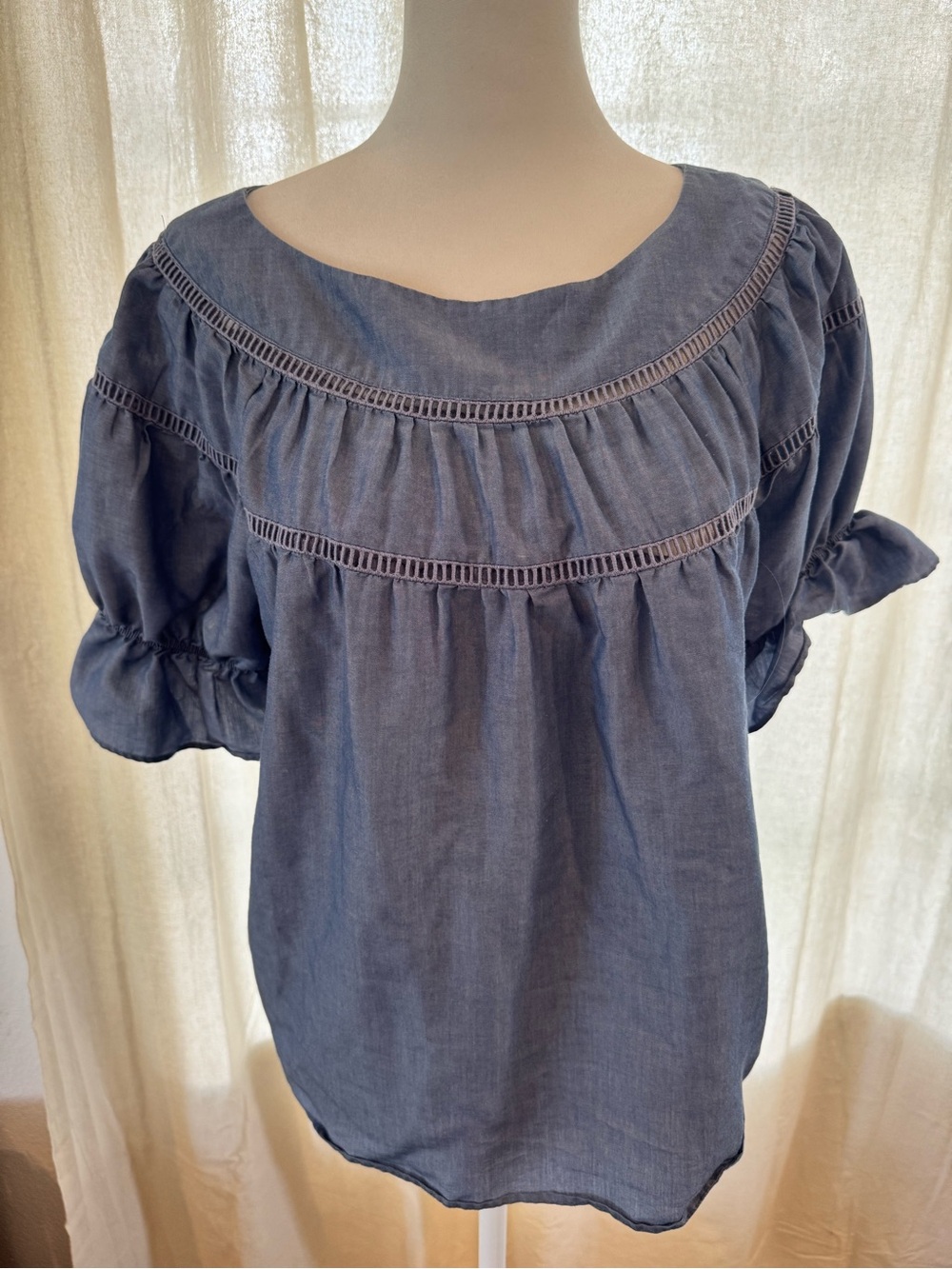 Ann Taylor Indigo Blue Peasant Blouse with Ladder Trim